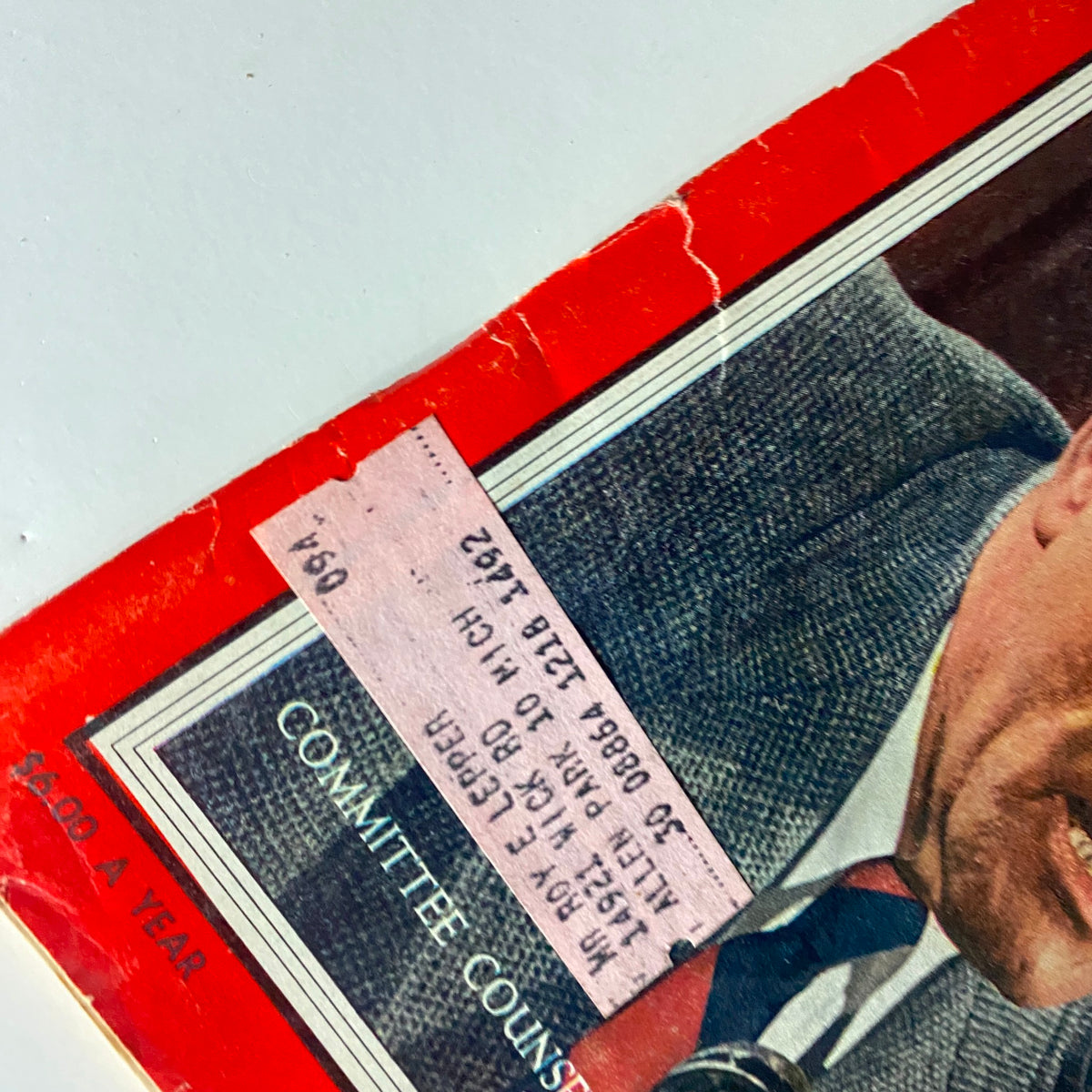 Detail of the price tag on the cover of VTG Time Magazine May 17, 1954 showing Committee Counsel Ray Jenkins, Volume 63, Number 20.