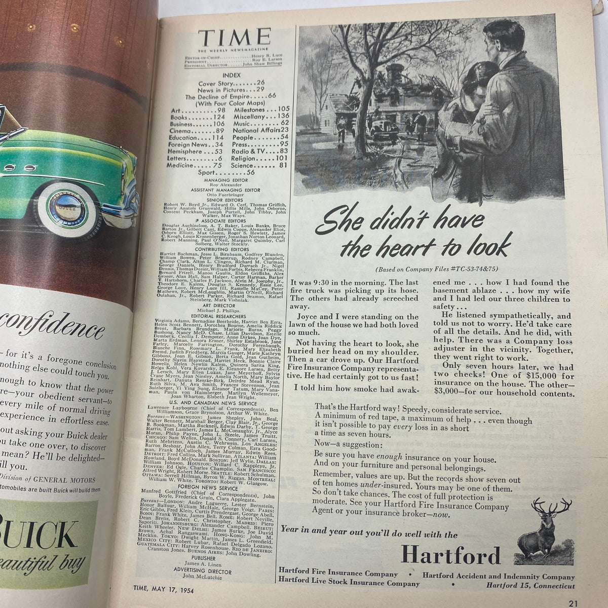 Interior page from VTG Time Magazine May 17, 1954, showcasing articles, with a focus on date and index information, Volume 63, Number 20.