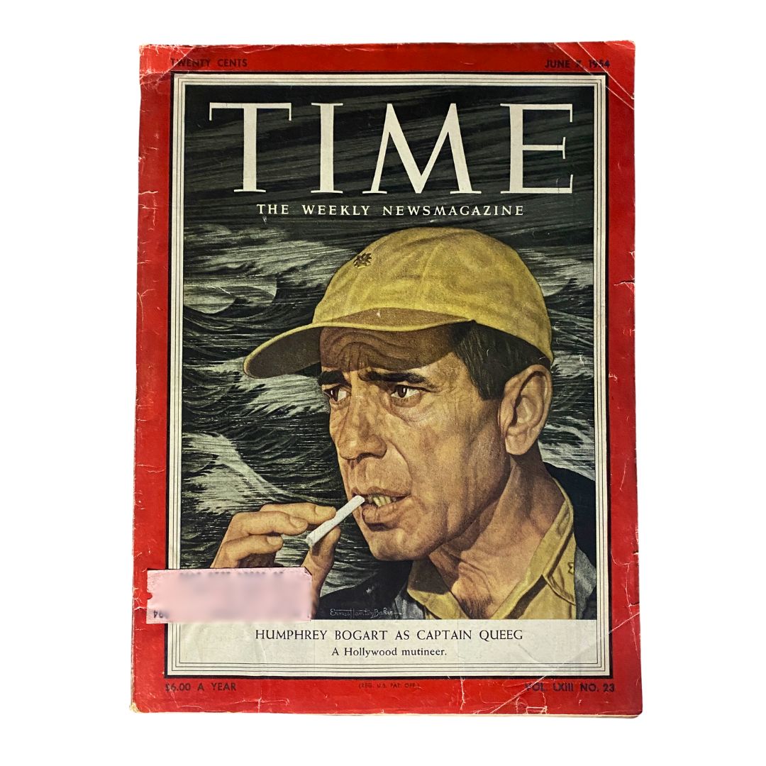 Vintage Time Magazine from June 7, 1954 featuring Humphrey Bogart as Capt. Queeg on the cover, highlighting mid-century publishing and American cinema.