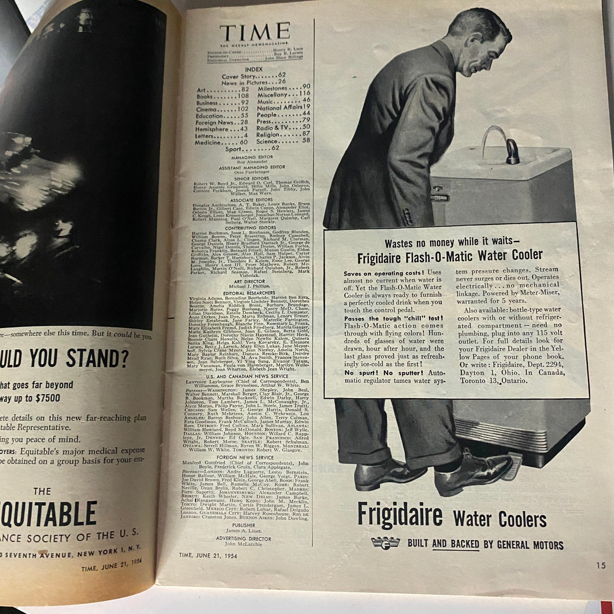 Inside page of VTG Time Magazine June 21, 1954, displaying the index and advertisements, including a vintage Frigidaire water cooler advertisement.