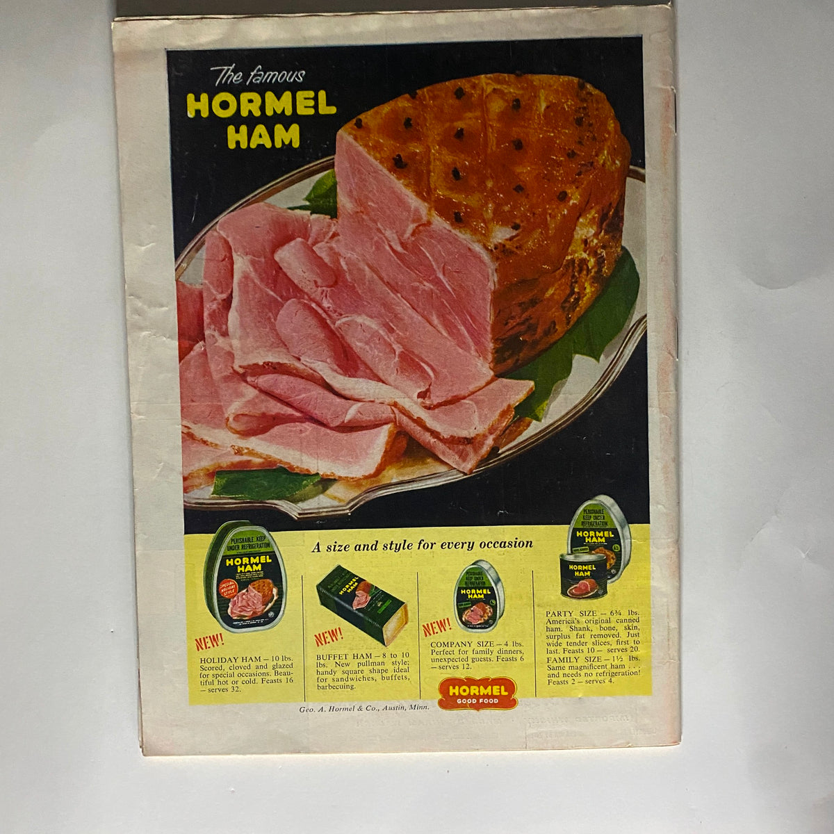 Back page of VTG Time Magazine June 21, 1954, featuring a colorful advertisement for Hormel Ham, showcasing different product sizes and styles.