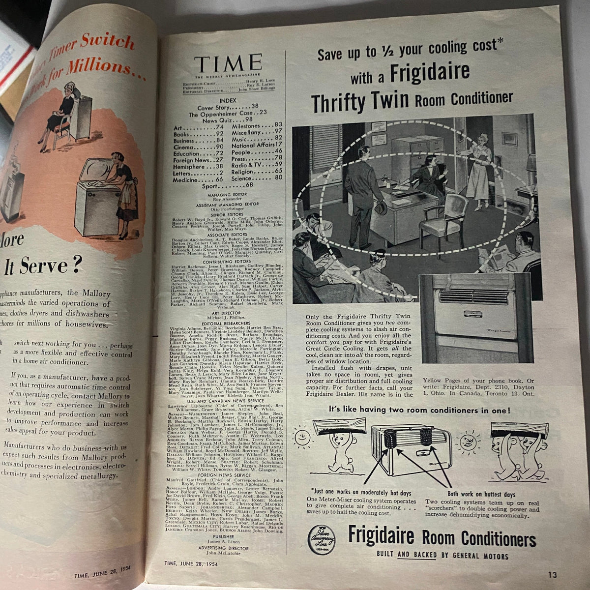 Inside page of VTG Time Magazine June 28, 1954, displaying advertisements and feature index, highlighting interesting content from that era.
