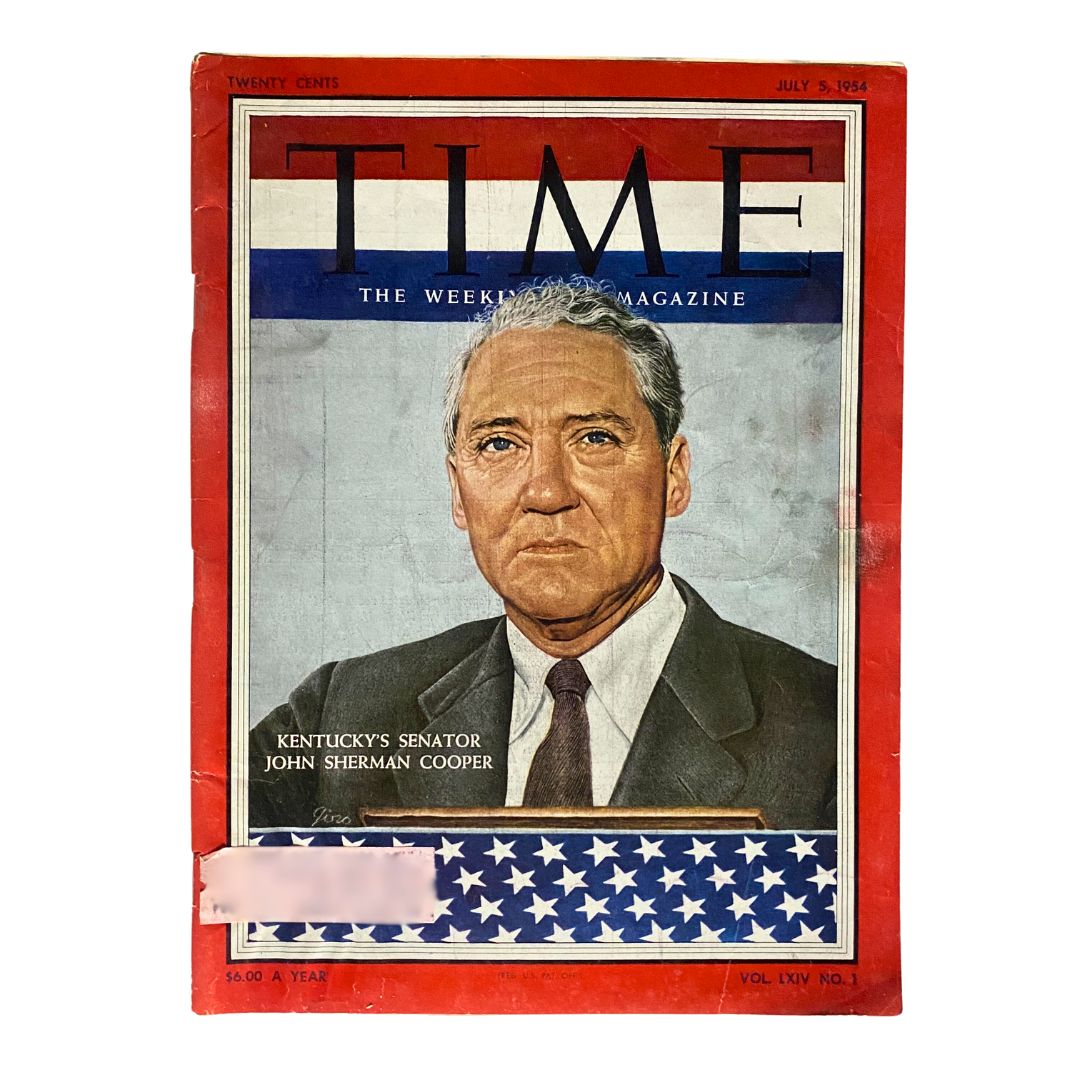 VTG Time Magazine July 5, 1954 featuring a cover image of Kentucky's Senator John Sherman Cooper, highlighting significant historical themes.