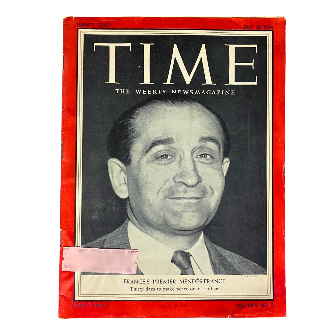 VTG Time Magazine July 12, 1954 featuring Pierre Mendès France on the cover, highlighting his role in French politics.