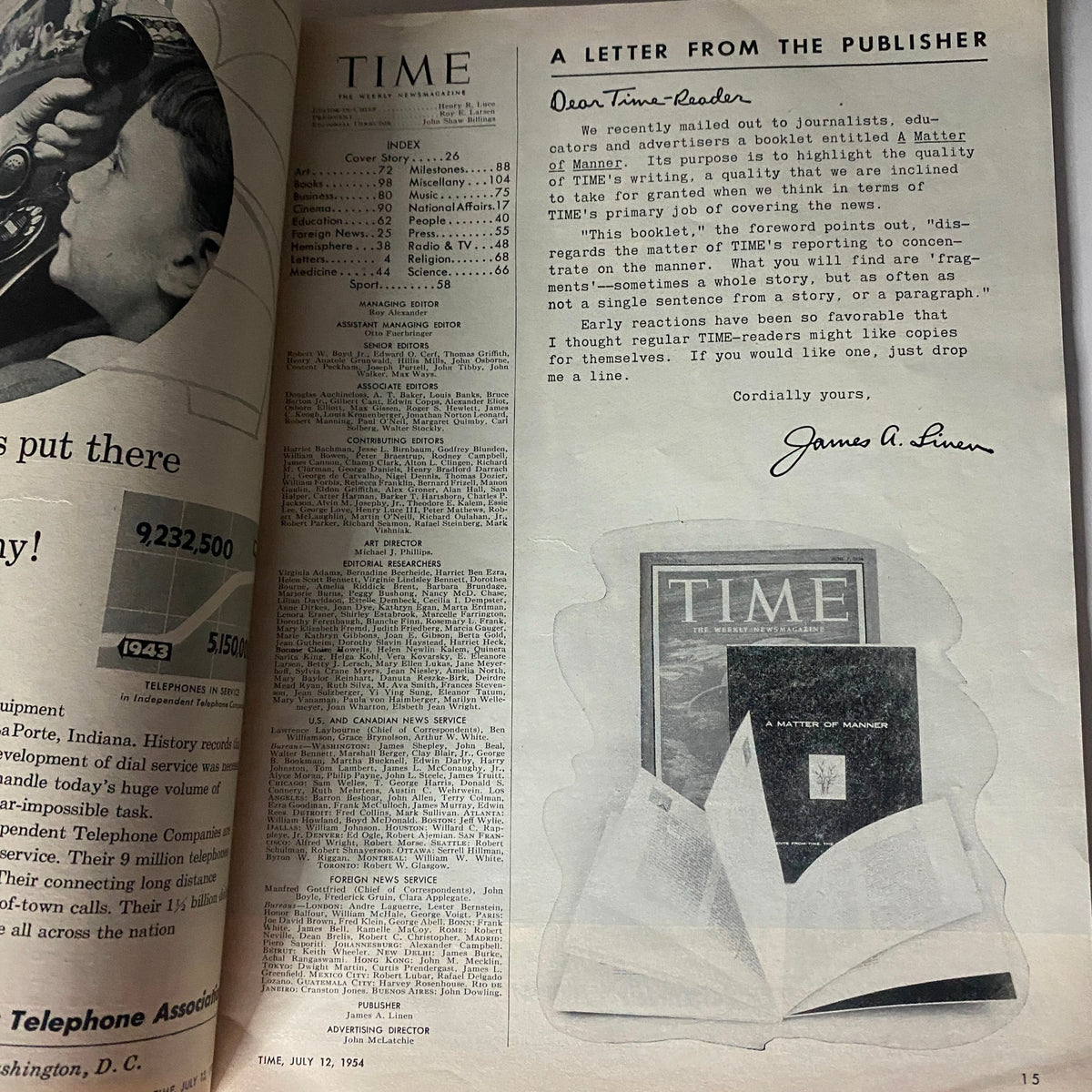 Inside page from VTG Time Magazine July 12, 1954, showing a letter from the publisher and the magazine's index.
