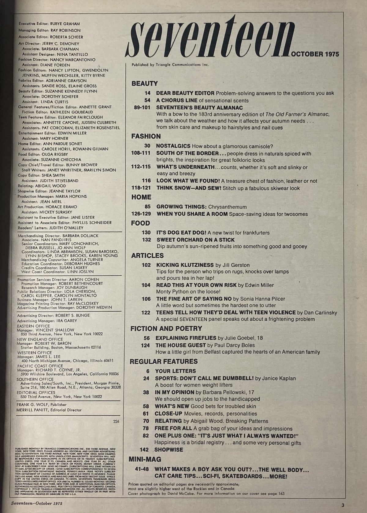 Table of contents from Seventeen Magazine October 1975, listing sections on beauty, fashion, and articles including topics like solving beauty problems and fall fashion inspirations.
