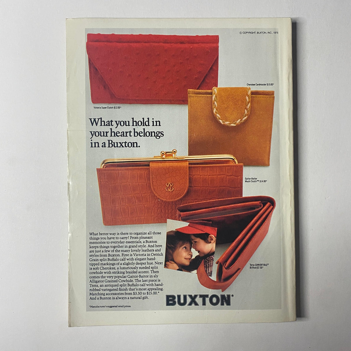 Advertisement from Seventeen Magazine August 1975 Special Back-to-School Issue promoting Buxton, featuring wallet designs and styles.