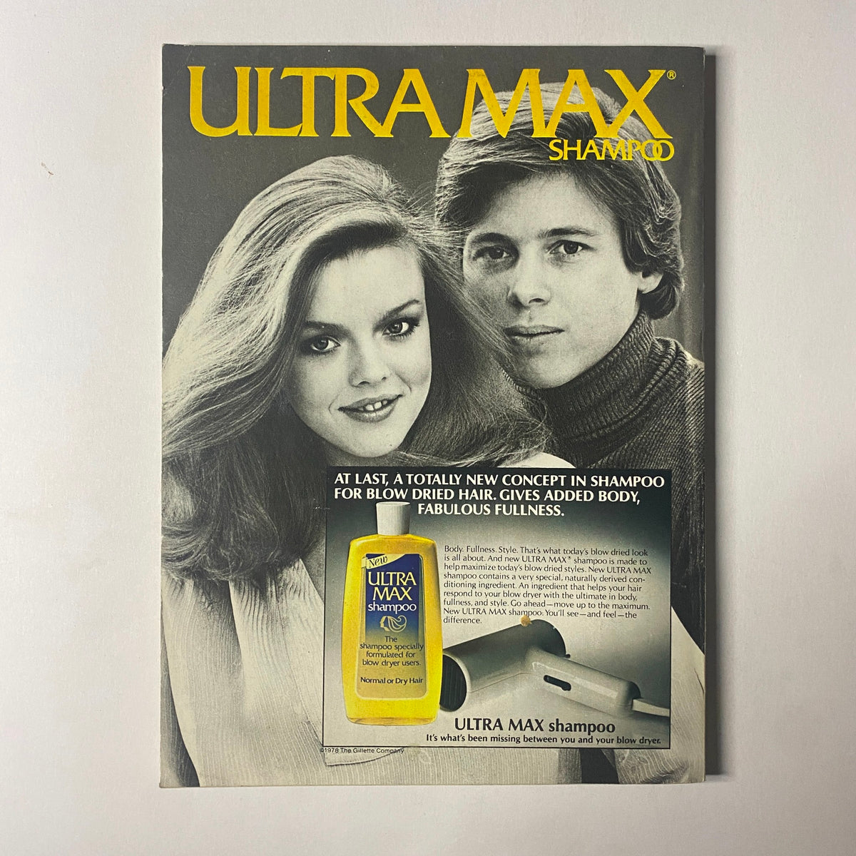 Vintage advertisement featuring Ultra Max shampoo, promoting added body and fullness for blow-dried hair. It highlights a model and a man with stylish hair, connected to the Seventeen Magazine May 1978 National Swim Meet issue.