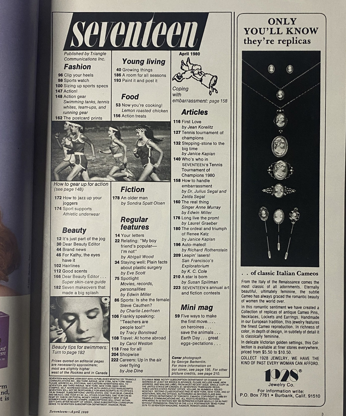 Seventeen Magazine April 1980 featuring articles on fashion, beauty, and relationships, including 'How To Make Him Notice You'. Table of Contents visible with sections on Food, Fiction, Articles, and Mini Mag.