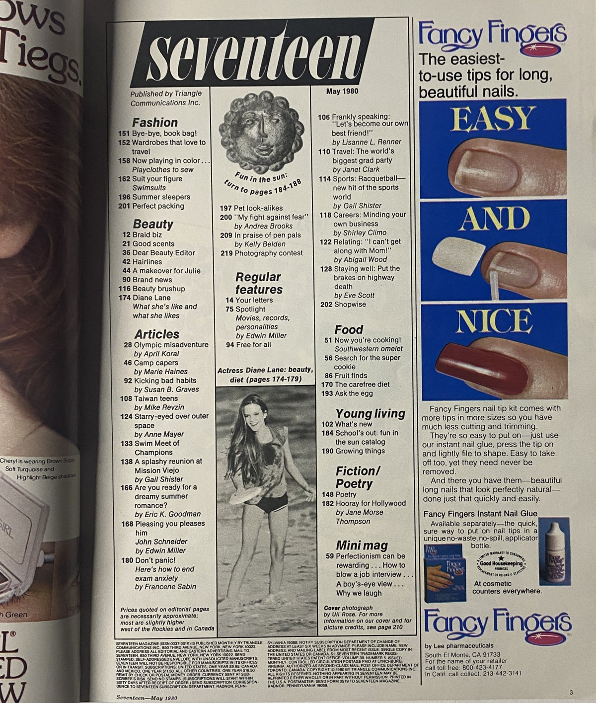 Table of contents from Seventeen Magazine May 1980, highlighting features including beauty tips and college preparation articles.