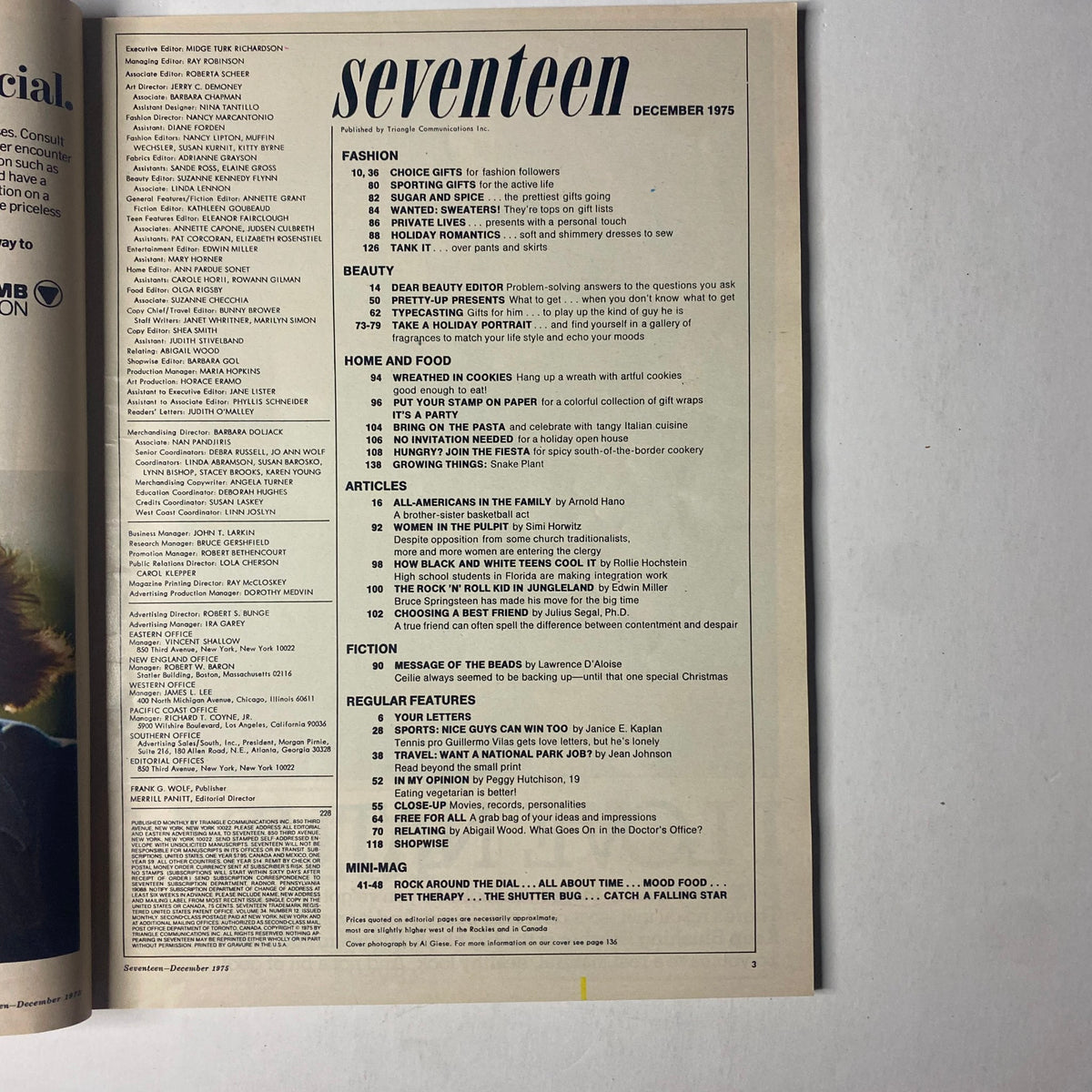 Table of Contents from Seventeen Magazine December 1975 Happy Holiday Issue, listing articles and features on fashion, beauty, home and food, and holiday-themed content.