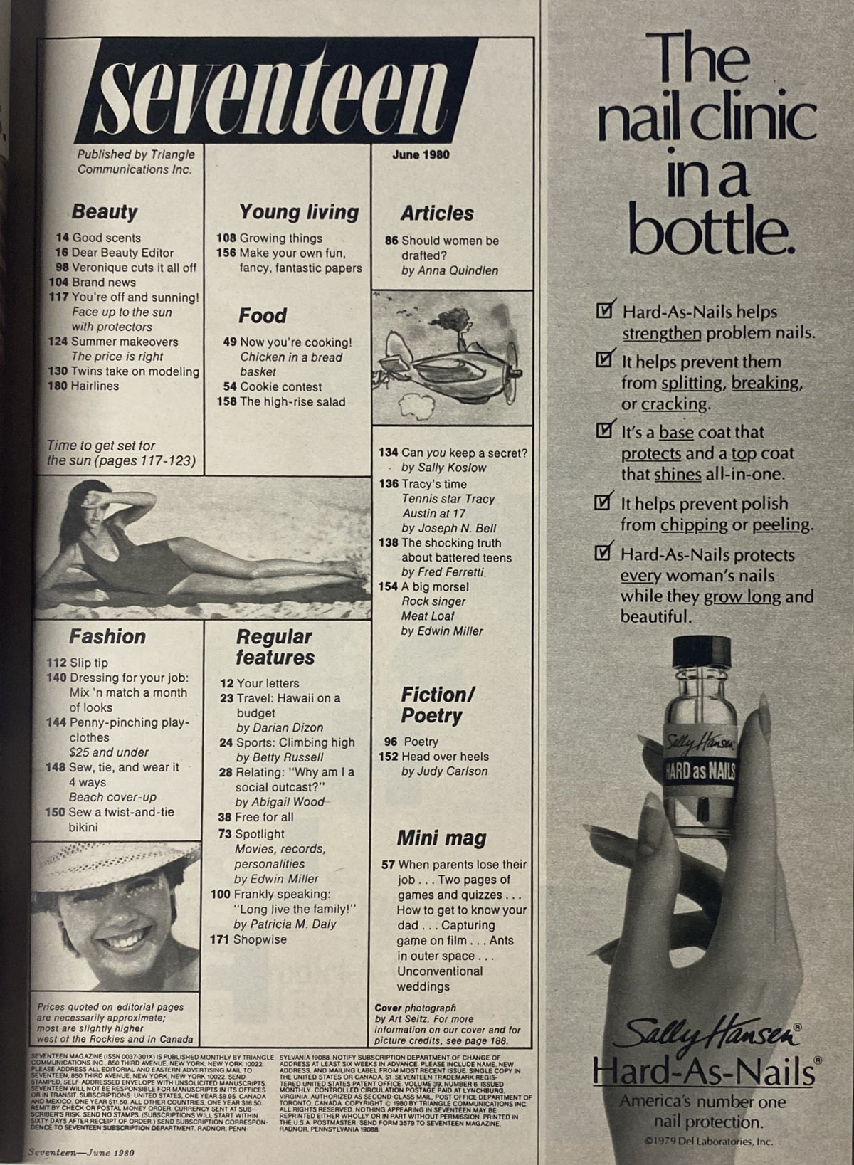 Interior spread of Seventeen Magazine June 1980 showcasing articles on food, fashion, and lifestyle, including a nail care advertisement.