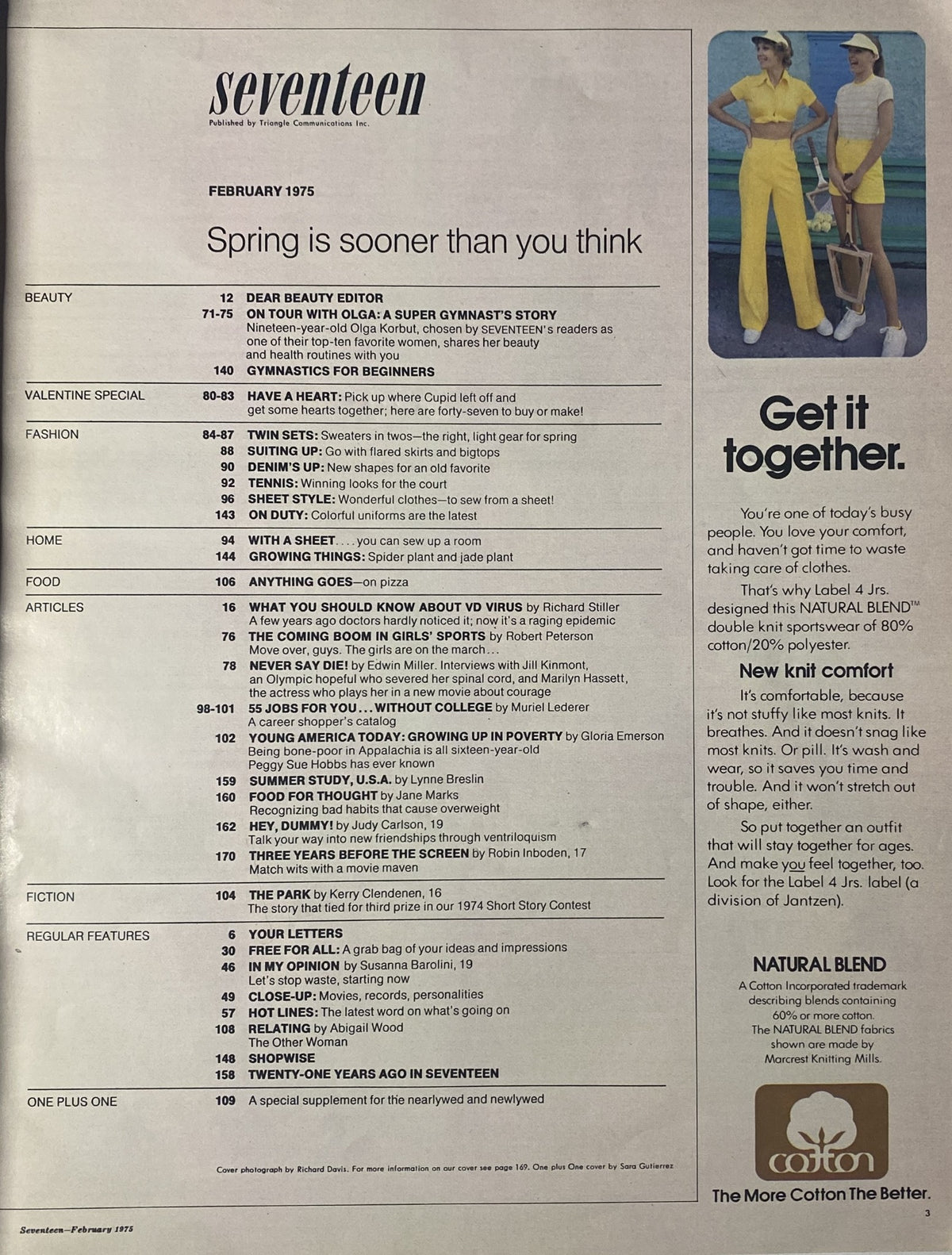 Contents page of Seventeen Magazine February 1975, listing features on beauty, fitness, Valentine’s ideas, and social topics including health awareness and youth culture.