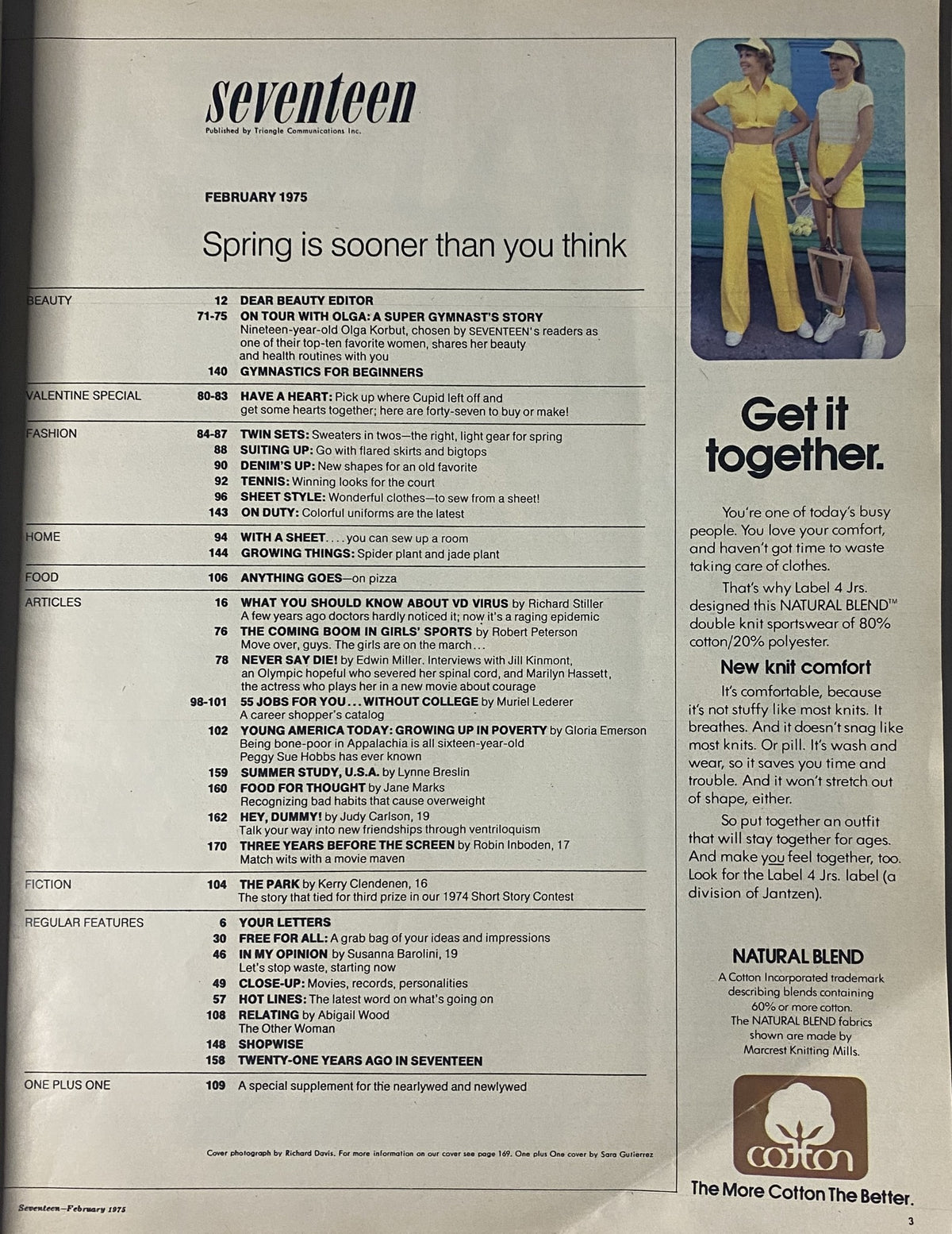 Table of contents from Seventeen Magazine February 1975 showcasing articles including Olga Korbut's beauty routines and health tips, spring fashion ideas, and social issues.