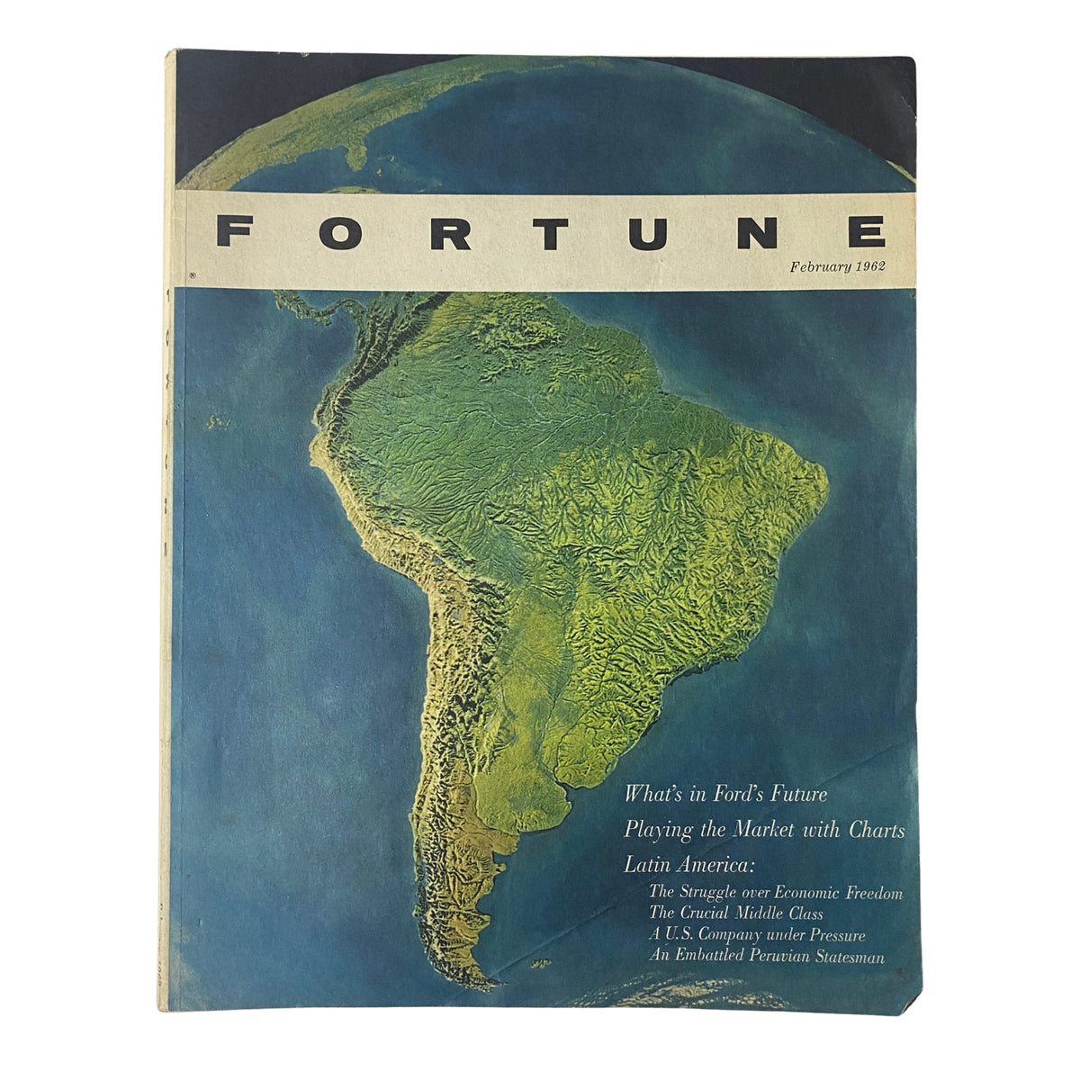 Fortune Magazine February 1962 cover featuring a map of Latin America, highlighting articles on economic issues and development in the region. The cover includes the title 'Fortune' and mentions key issues like Ford's future and economic struggles in Latin America.