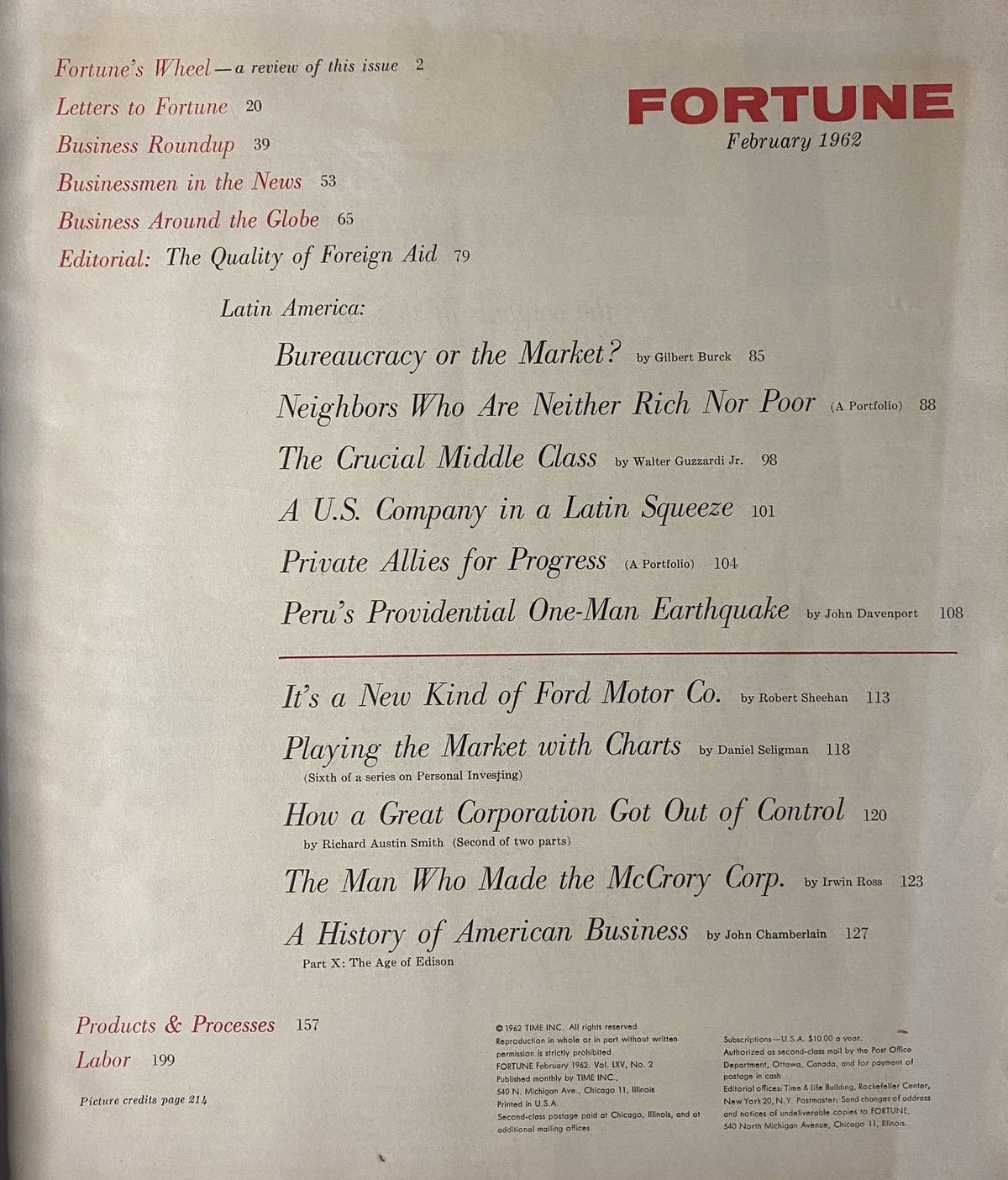 Inside page of Fortune Magazine February 1962 listing the contents, including articles on Latin America and its economic challenges. Highlights include studies on bureaucracy, the middle class, and U.S. corporate influences in the region.