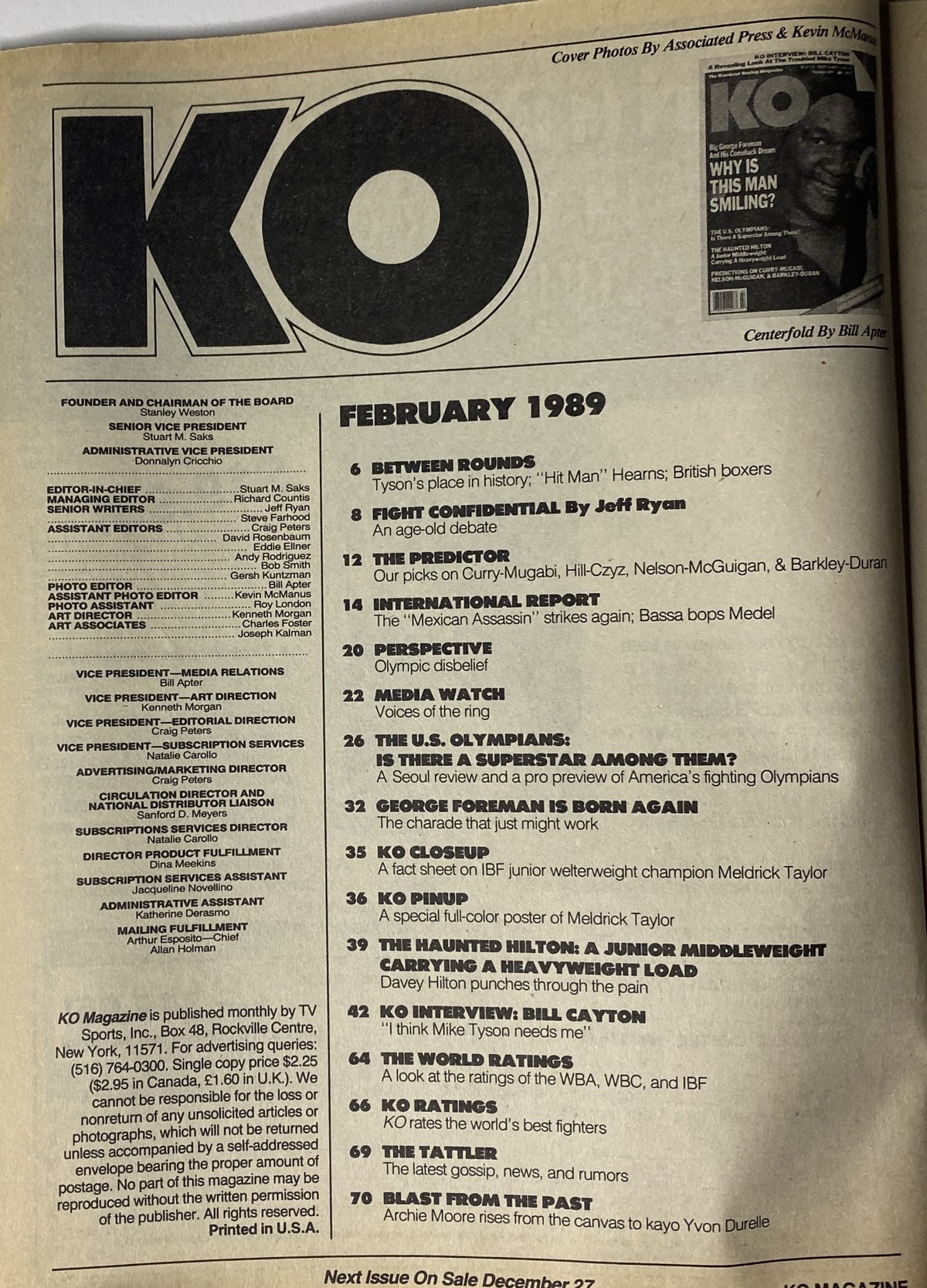 Inside page of KO Boxing Magazine February 1989, displaying contents featuring commentary, fight analysis, and articles on notable boxers like Mike Tyson, George Foreman, and Meldrick Taylor.