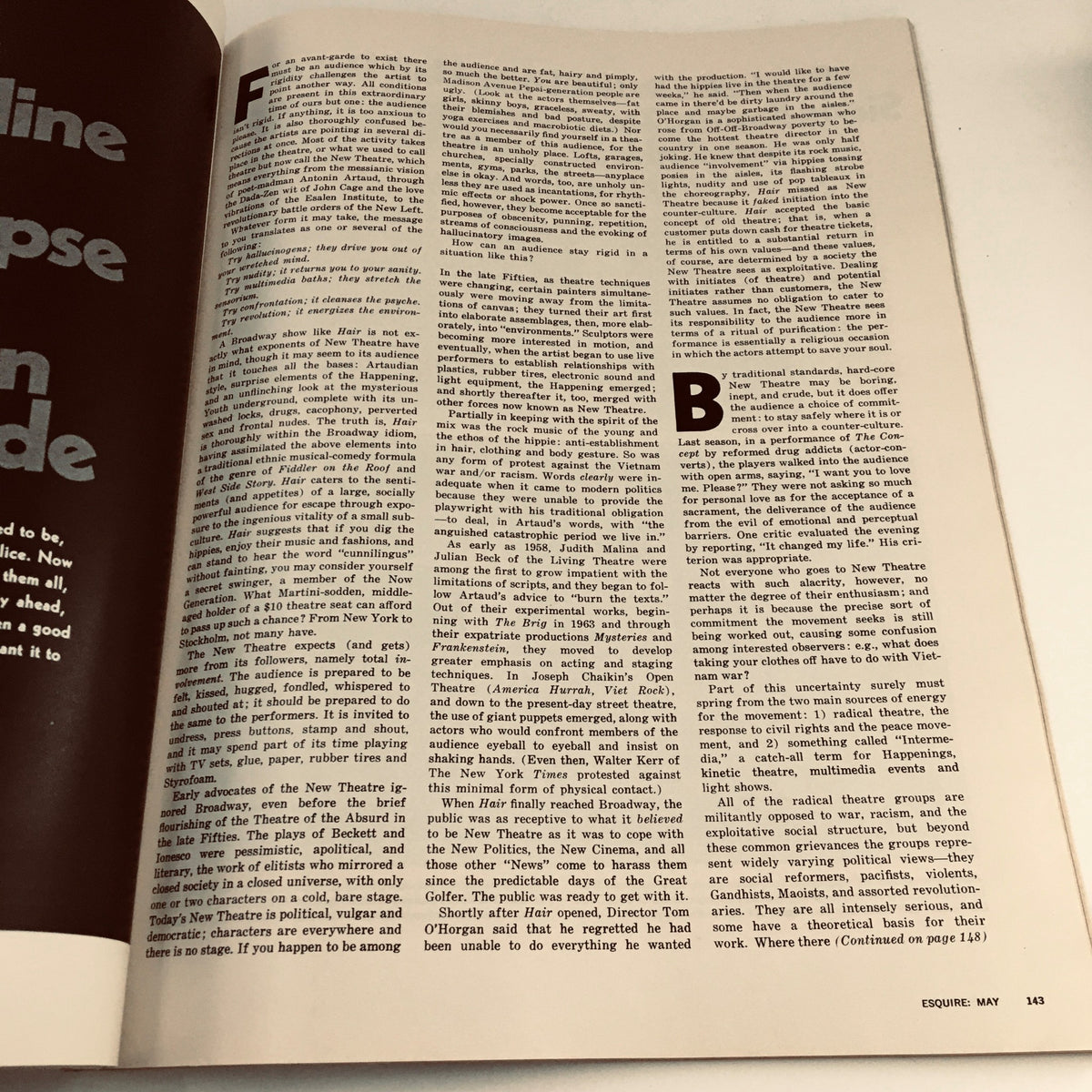 Further pages from Esquire Magazine May 1969 discussing the American Avant-Garde, showcasing insightful commentary on theatrical movements and their impact on culture.