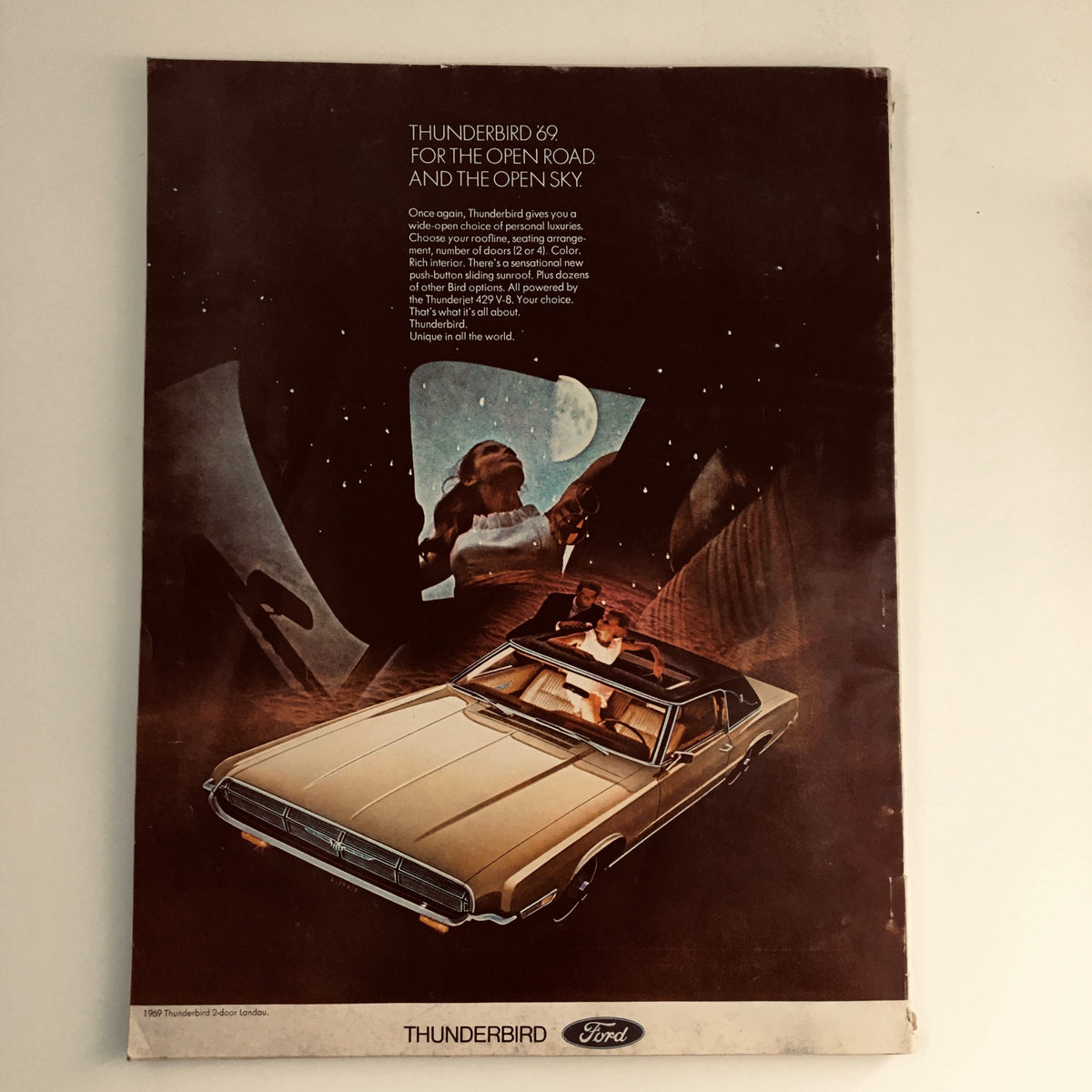 Back cover of Esquire Magazine May 1969 featuring an advertisement for the Thunderbird 69, promoting its features for an open road experience.