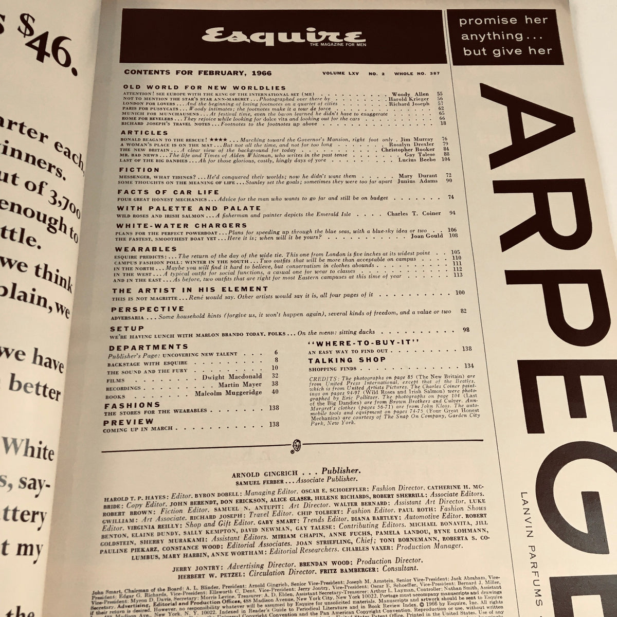 Interior page of the Esquire Magazine February 1966, showing the table of contents, featuring articles by Woody Allen and other cultural insights from the 1960s.