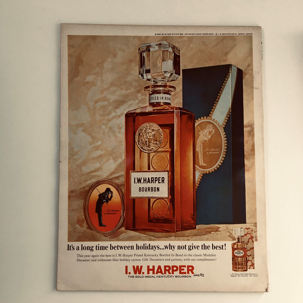Esquire Magazine January 1966 Advertisement for I.W. Harper Bourbon, promoting holiday gift ideas with a visually appealing design.