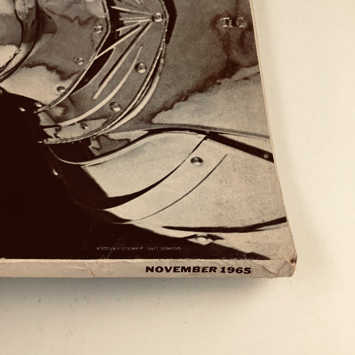 Close-up of the spine of Esquire Magazine November 1965, displaying the publication date and details of the vintage magazine featuring Lyndon B. Johnson.
