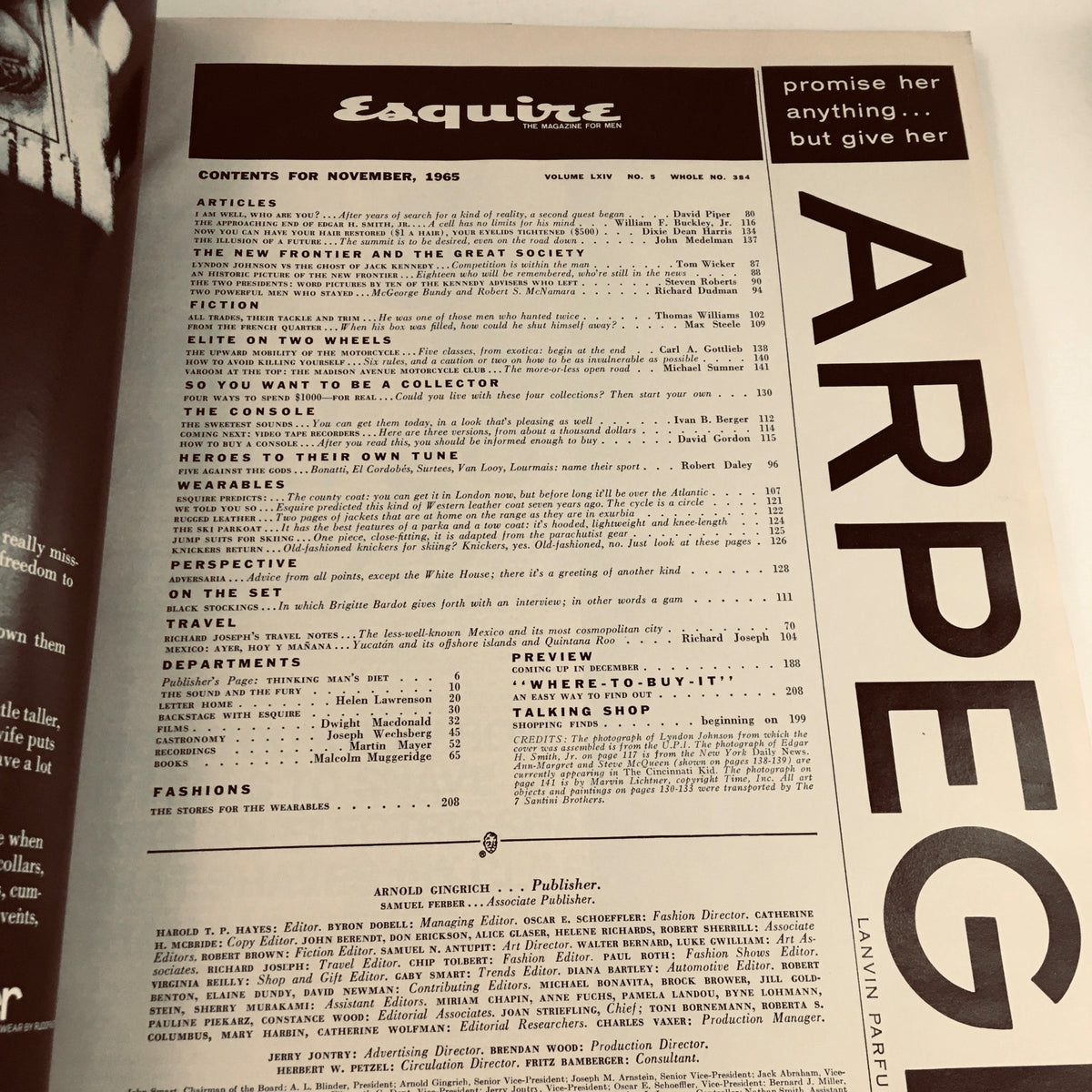 Table of contents from Esquire Magazine November 1965 showcasing articles featuring Jack Kennedy and Lyndon B. Johnson.