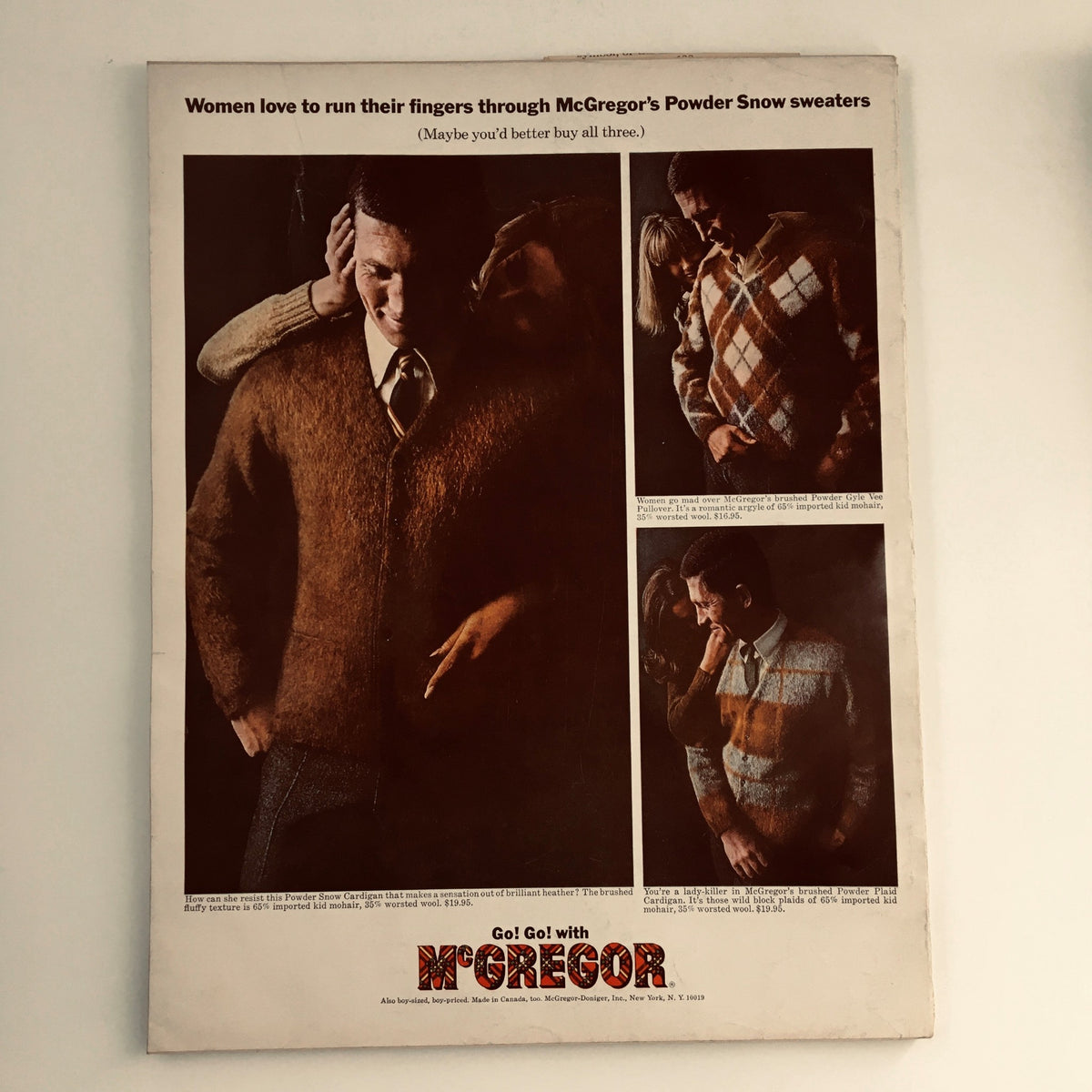 Back cover advertisement from Esquire Magazine November 1965 featuring McGregor's Powder Snow sweaters with a couple embracing.
