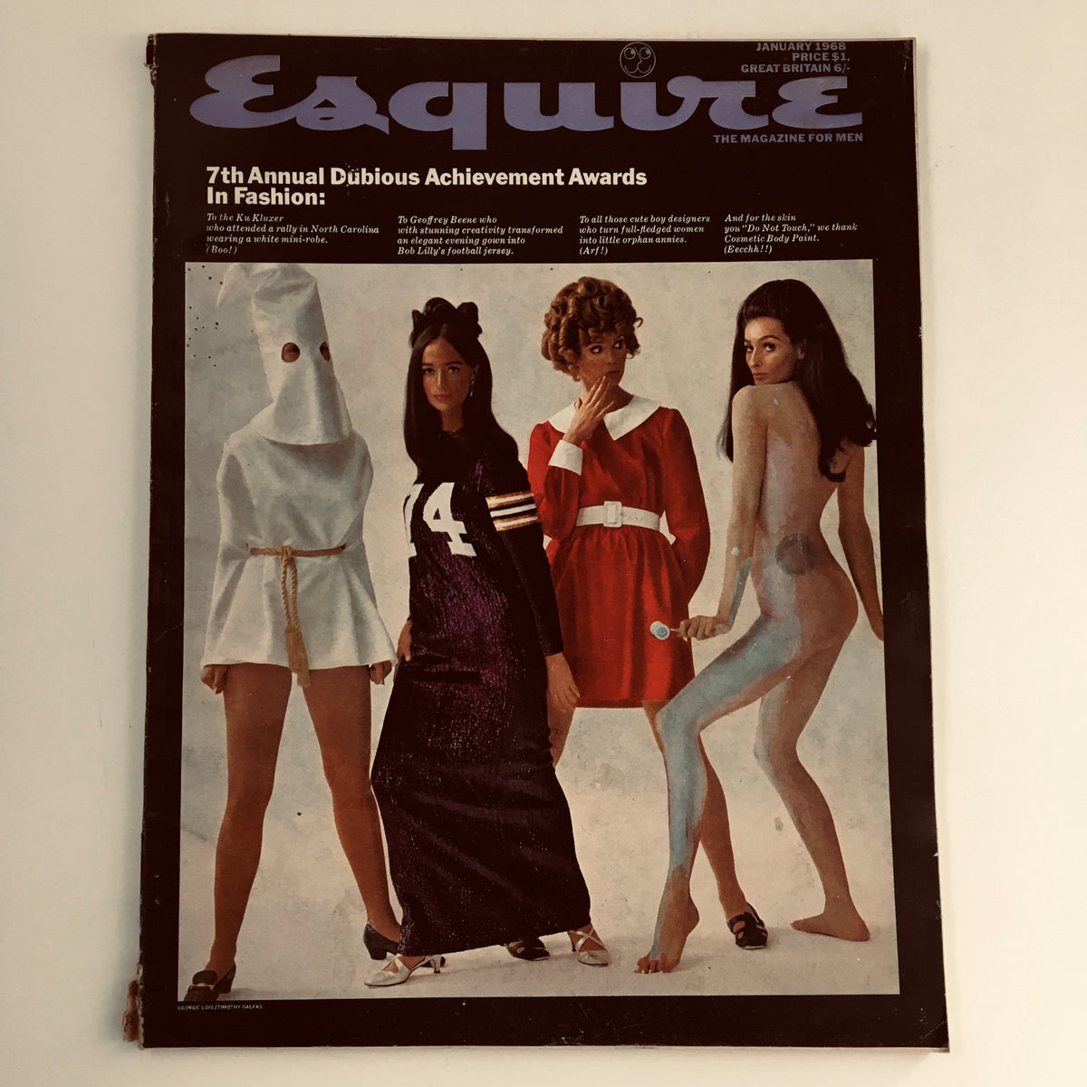 Esquire Magazine January 1968 featuring the 7th Annual Dubious Achievement Awards cover with a unique fashion illustration of models showcasing eclectic styles and satire from the late 1960s.