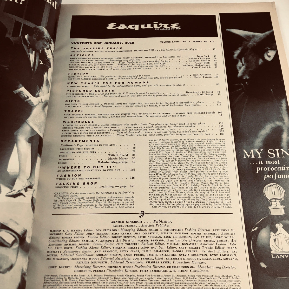 Contents page of Esquire Magazine January 1968, detailing articles and features in the 7th Annual Dubious Achievement Awards issue.