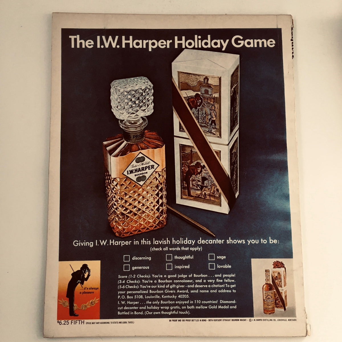 Back cover of Esquire Magazine January 1968 featuring an advertisement for the I.W. Harper Holiday Game.