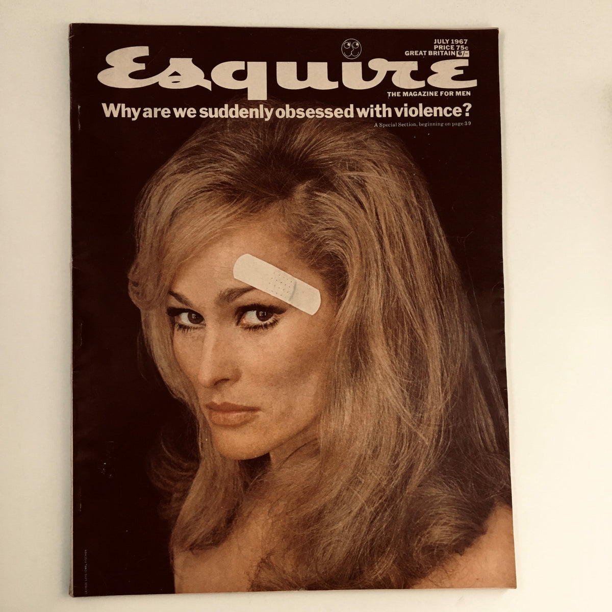 Esquire Magazine July 1967 cover featuring a model with the headline 'Why are we suddenly obsessed with violence?' showcasing vintage design.
