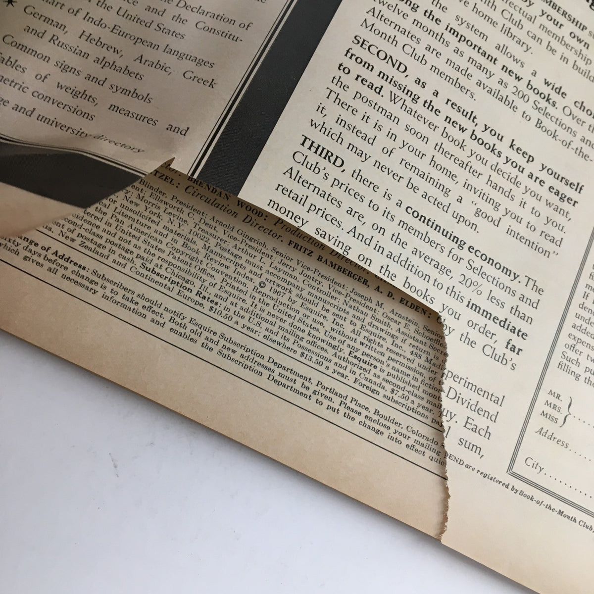 Another view of a page from Esquire Magazine July 1967 featuring a cutout, depicting the magazine's condition and historical context.