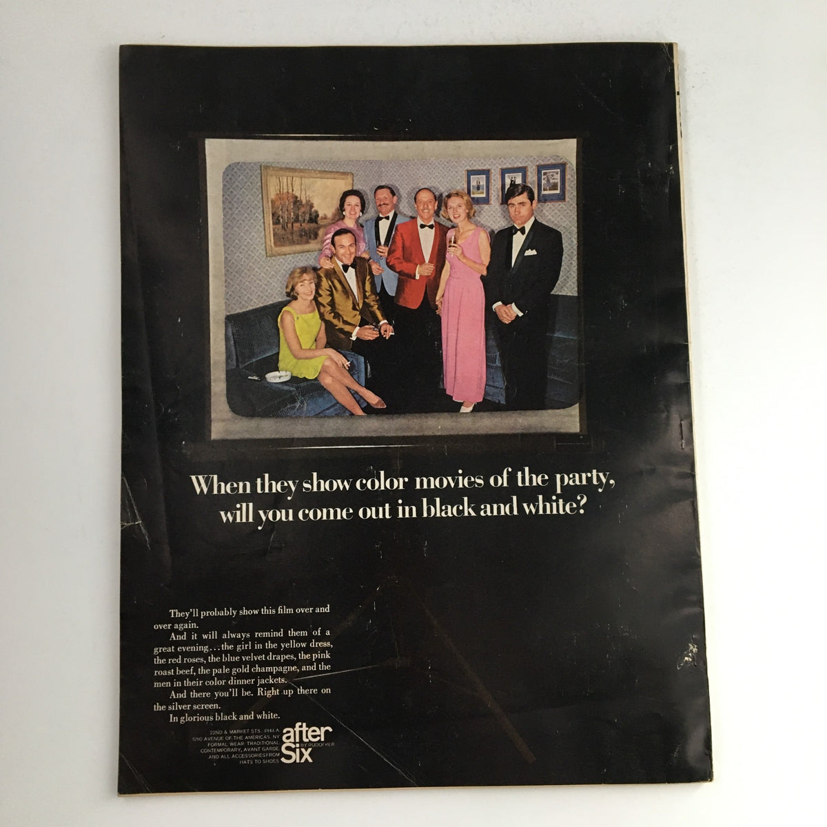Esquire Magazine July 1967 cover featuring a humorous vintage party scene with actors dressed in formal attire, highlighting the theme of nostalgia for color movies in black and white.