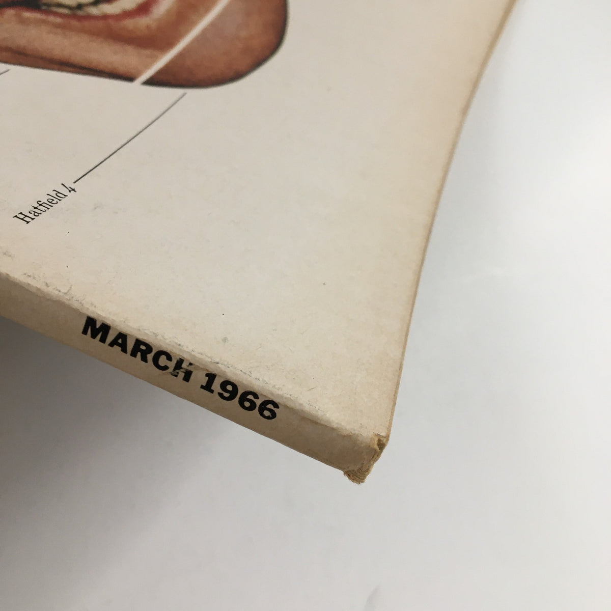 Close-up view of Esquire Magazine from March 1966, showing the publication date at the bottom edge, highlighting its vintage charm.
