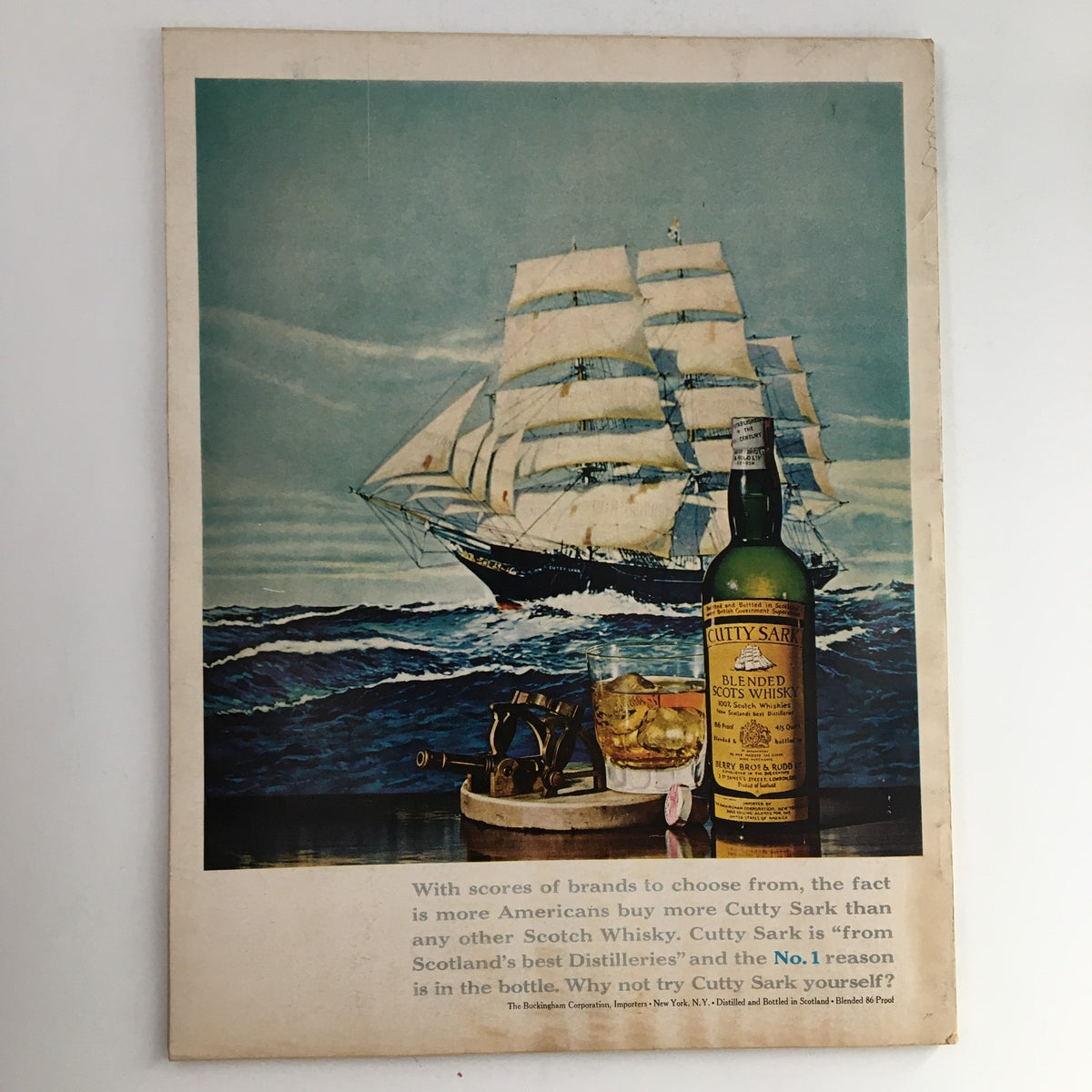 Cutty Sark advertisement from Esquire Magazine March 1966, featuring a vintage ship illustration and a bottle of blended Scotch whisky next to a glass. This ad showcases the iconic branding and marketing style of the 1960s.