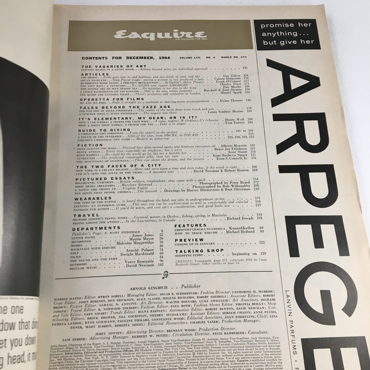 Table of contents page from Esquire Magazine December 1964, detailing articles and features within the issue.
