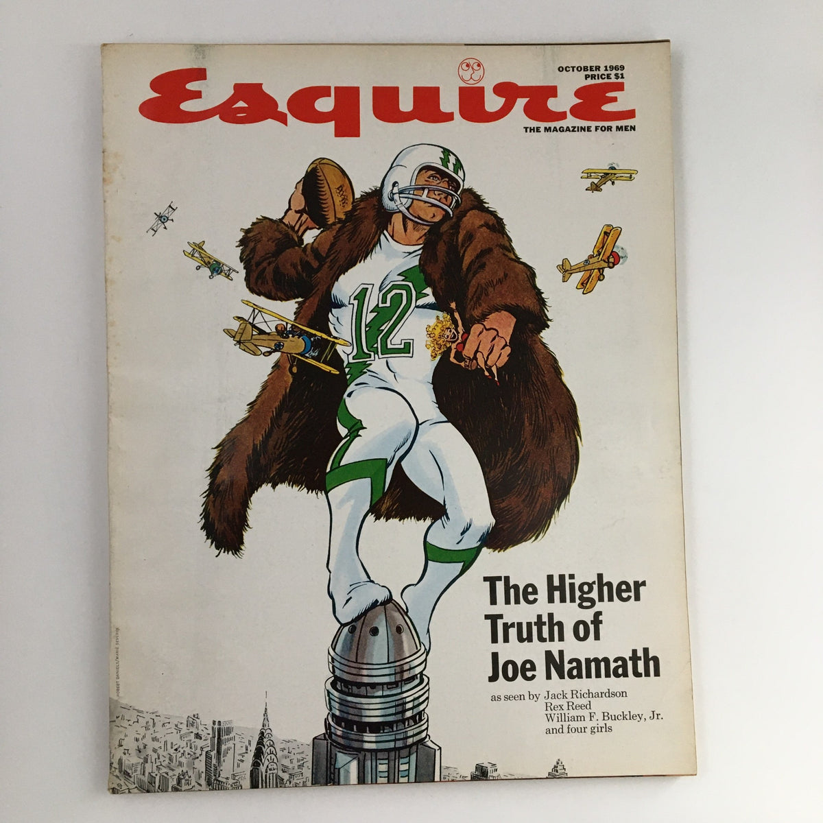 Cover of Esquire Magazine October 1969 featuring 'The Higher Truth of Joe Namath', showcasing an illustrated football player in a fur coat and surrounded by vintage planes.