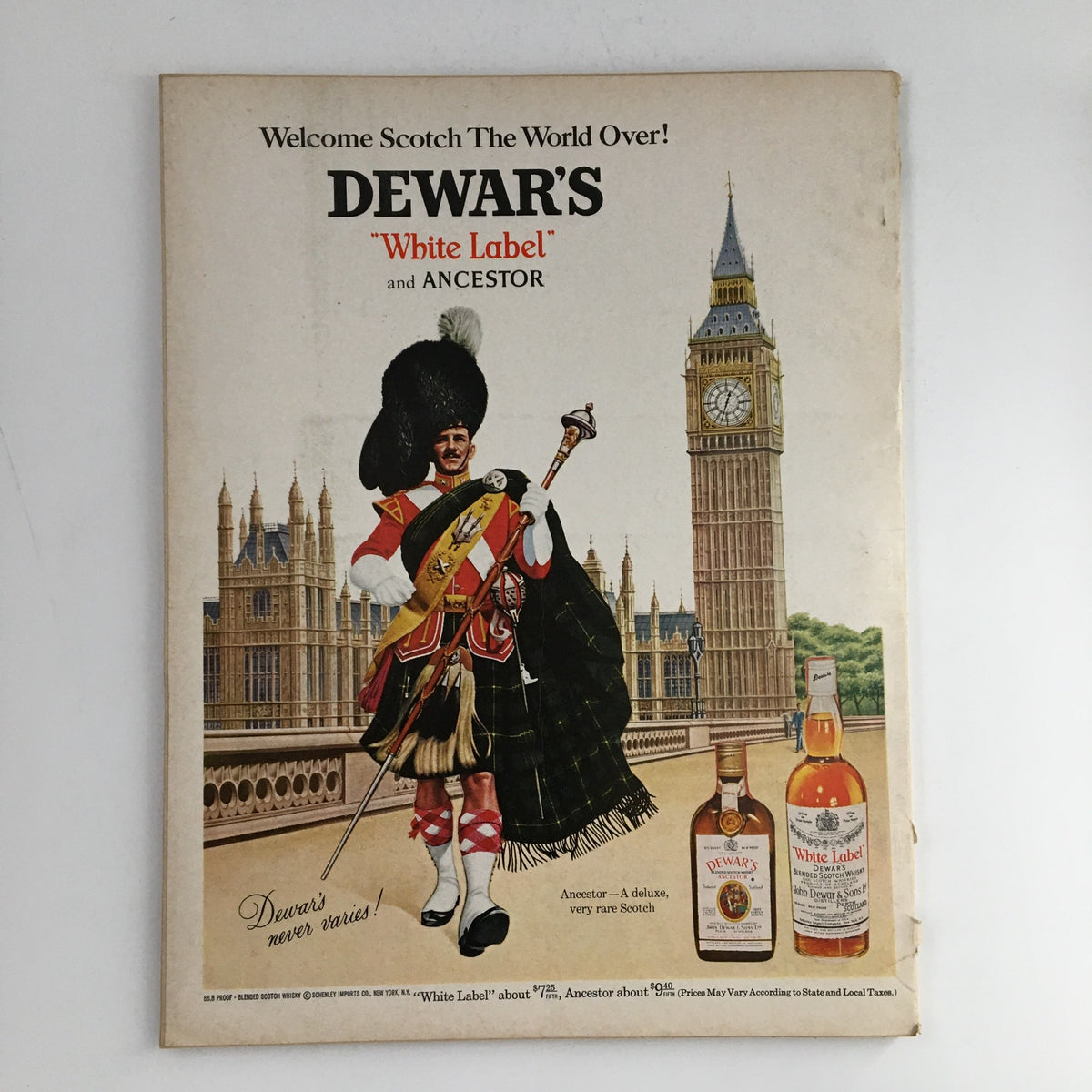 Advertisement page from Esquire Magazine, June 1968, showcasing Dewar's White Label Scotch with a historical backdrop.