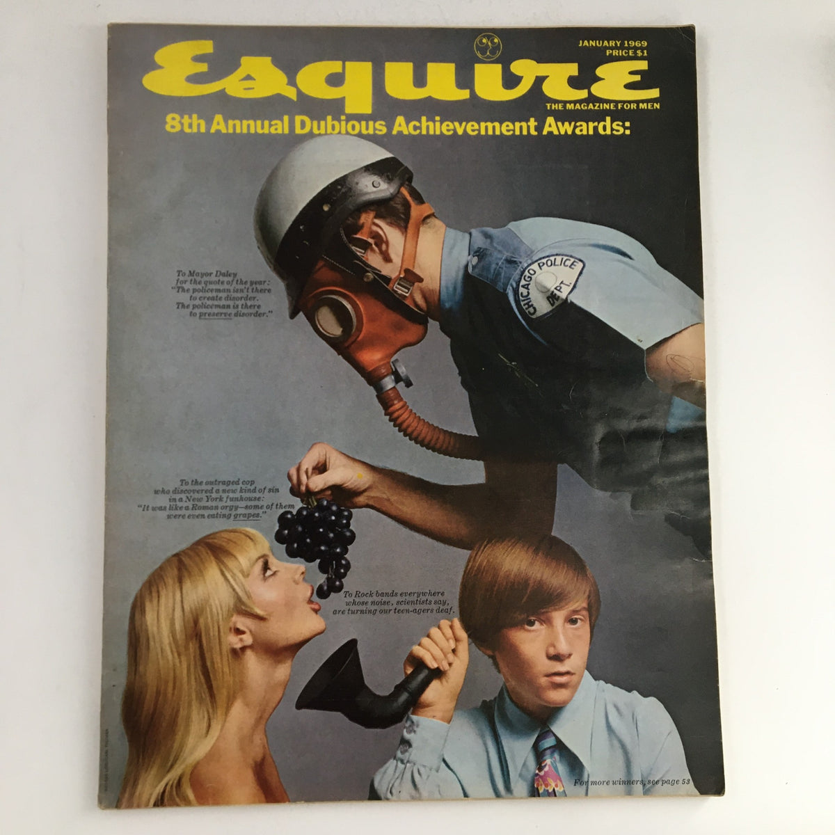 Esquire Magazine January 1969 cover featuring a police officer in a gas mask and satire related to Mayor Richard M. Daley's legacy along with striking imagery that embodies the 1960s culture.