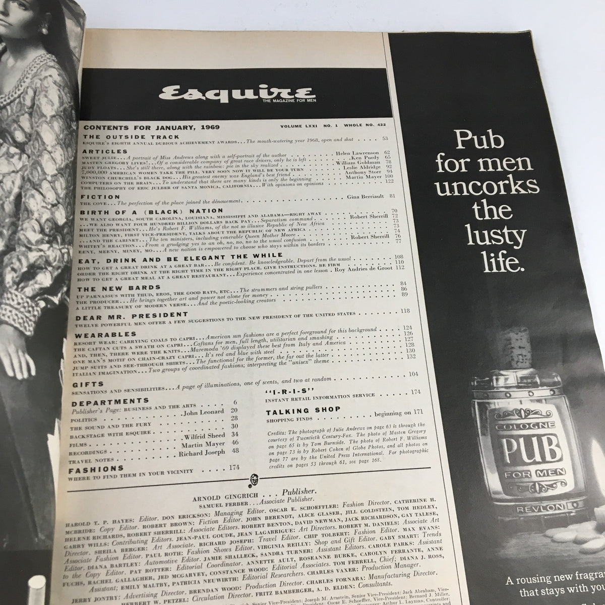 Interior page of Esquire Magazine January 1969 showing the contents section, highlighting features and articles that reflect the social and cultural themes of the era.