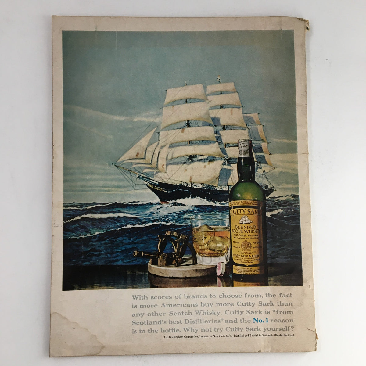 Back cover advertisement of Esquire Magazine March 1966, featuring a Cutty Sark whisky ad with a ship and a glass.