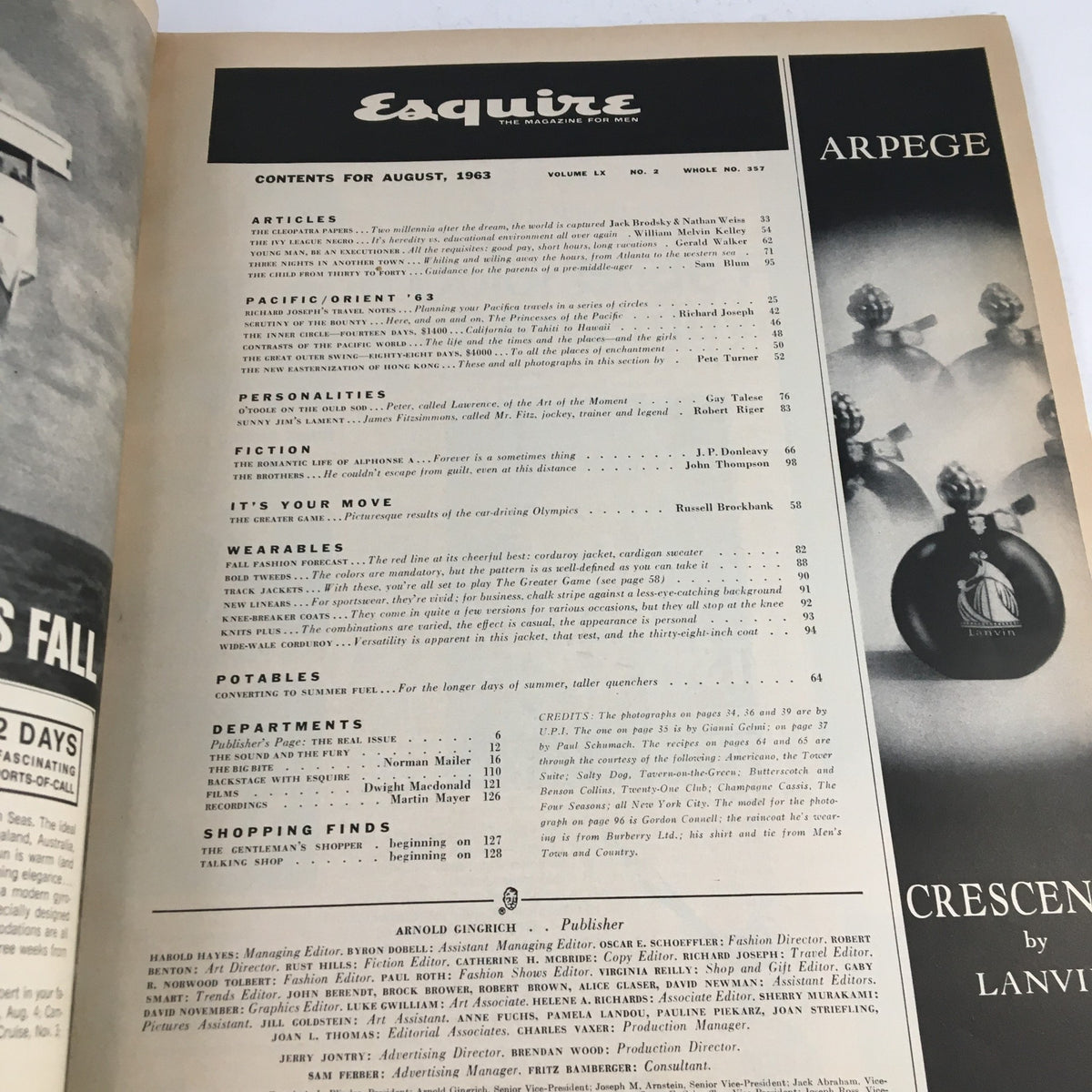Table of contents from Esquire Magazine August 1963, detailing featured articles including The Cleopatra Papers and other contemporary topics.