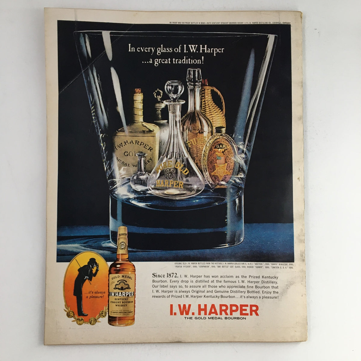 Vintage advertisement in the back of Esquire Magazine August 1963 promoting I.W. Harper bourbon, showcasing elegant glassware and bottles.