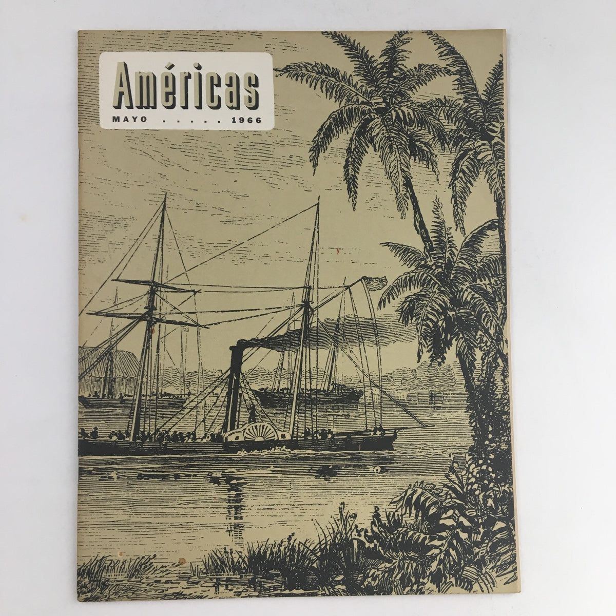 Cover of Americas Magazine May 1966 featuring marine architecture and a vintage illustration of a steamboat in a tropical landscape with palm trees.