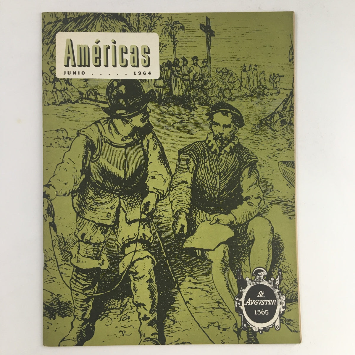 Cover of Americas Magazine June 1964 featuring historical illustrations, showcasing the cultural themes of the 1960s, with emphasis on St. Avgvstini 1565.