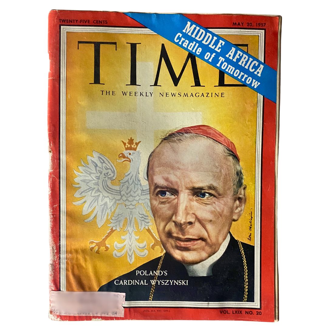 Cover of VTG Time Magazine May 20, 1957 featuring Poland's Cardinal Stefan Wyszyński with a prominent Polish eagle emblem in the background.
