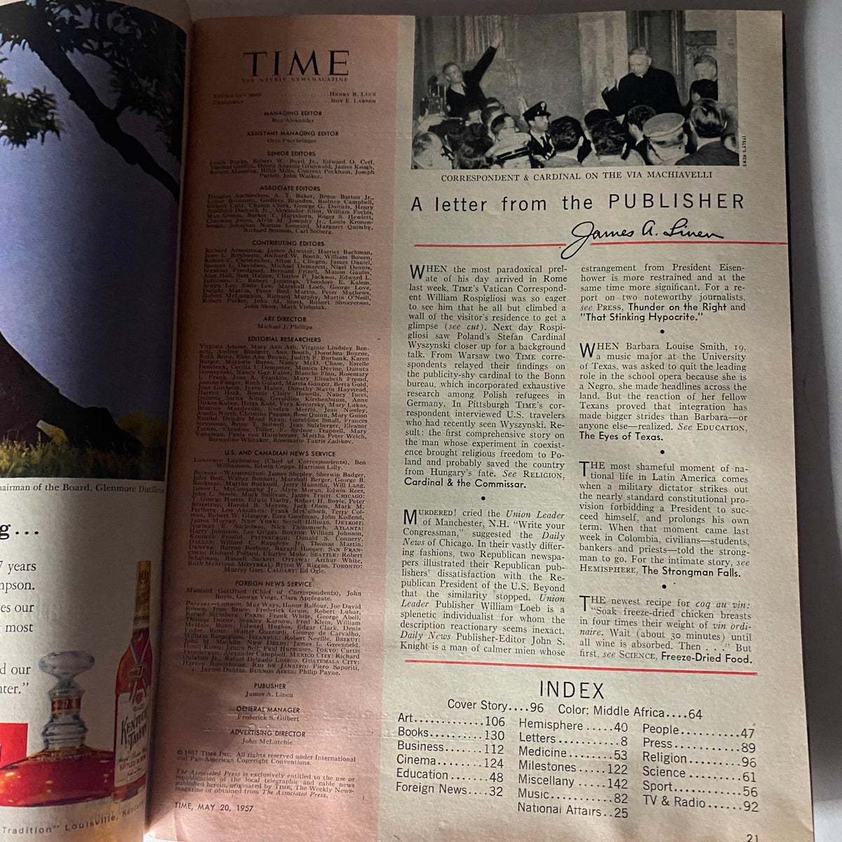 Inside page of VTG Time Magazine May 20, 1957 displaying a letter from the publisher and the magazine's editorial staff details for that edition.