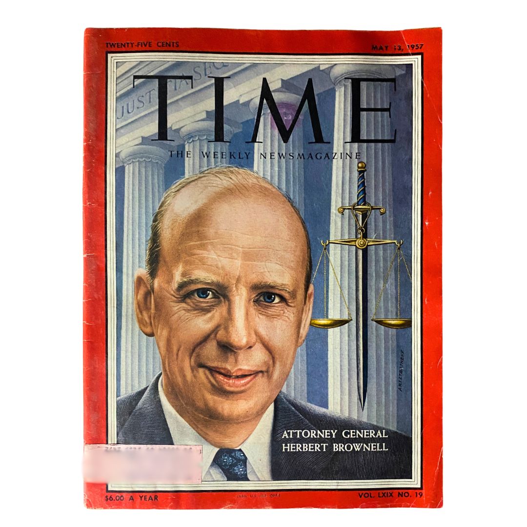 VTG Time Magazine May 13, 1957 Vol 69 No. 19 cover featuring Attorney General Herbert Brownell with a scale of justice backdrop.