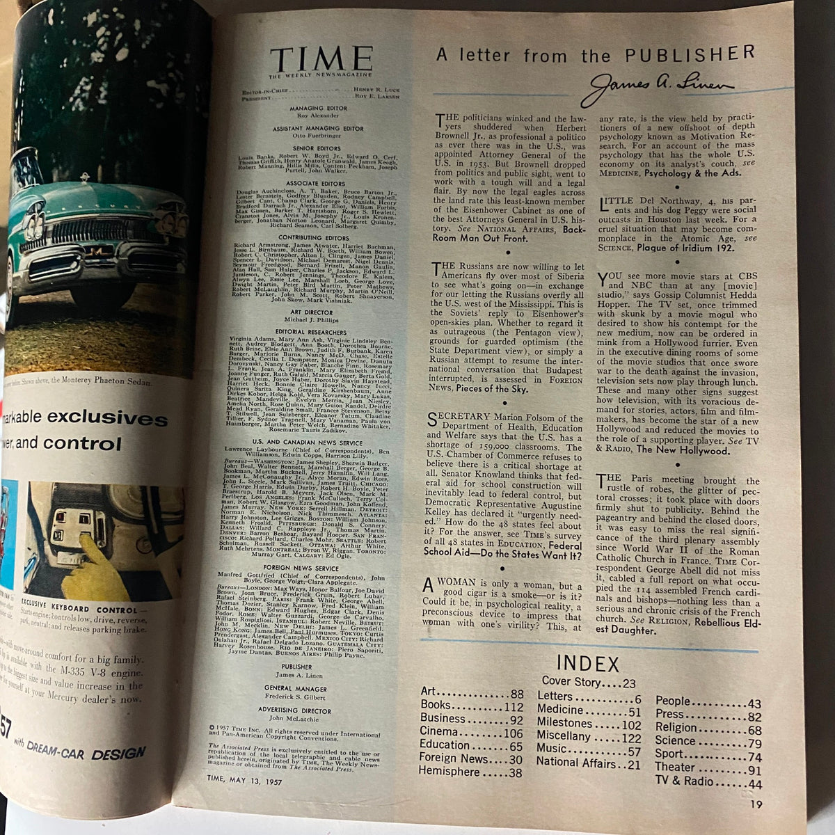 Inside page of VTG Time Magazine May 13, 1957 showing a letter from the publisher and editor's notes.